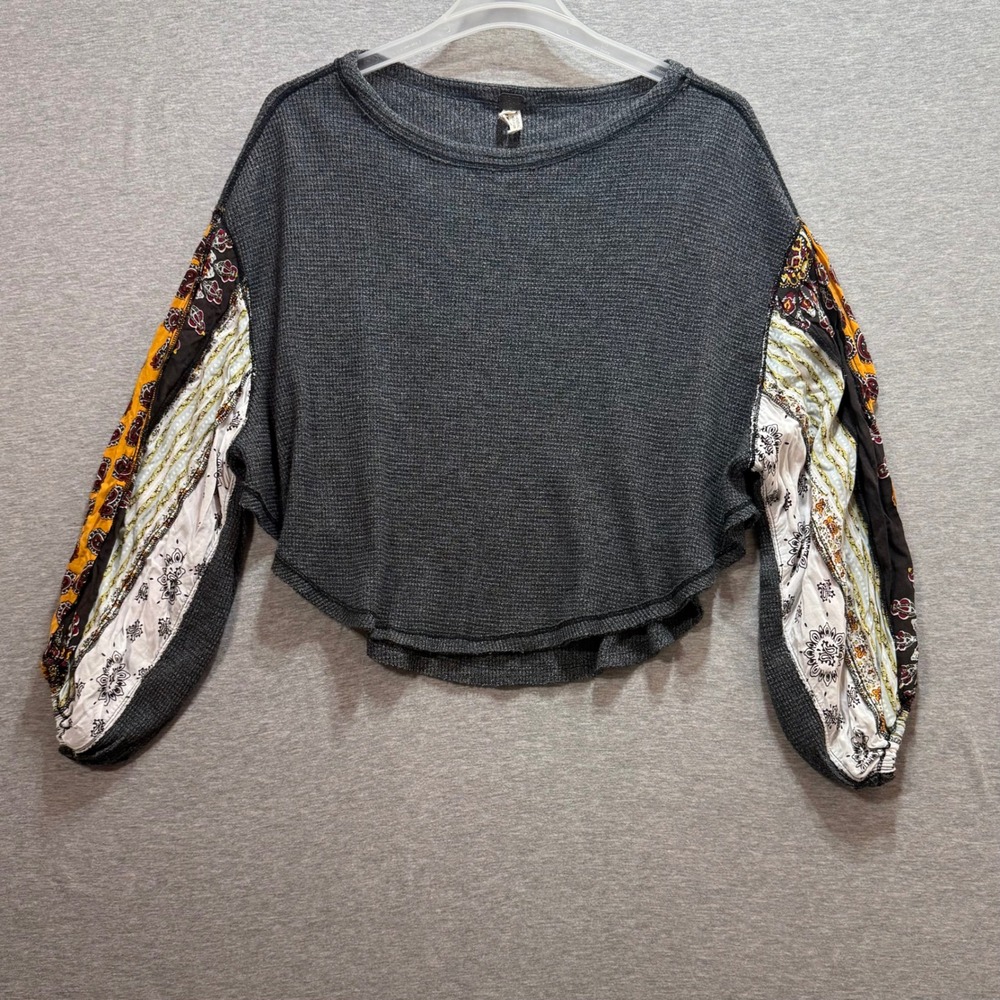 We The Free Thermal Cropped Top Women XS Gray Blossom Patchwork Sleeve Boho